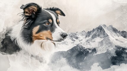 Fototapeta premium face of a border collie and snowy mountainous terrain, soft tones generative ai