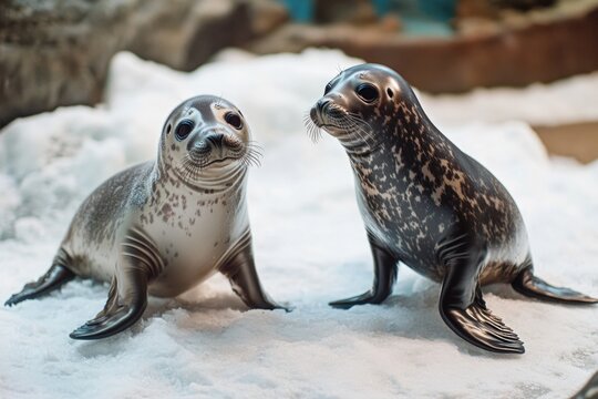 Two seals resting on snowy terrain, great for winter scenes or wildlife photography - Powered by Adobe