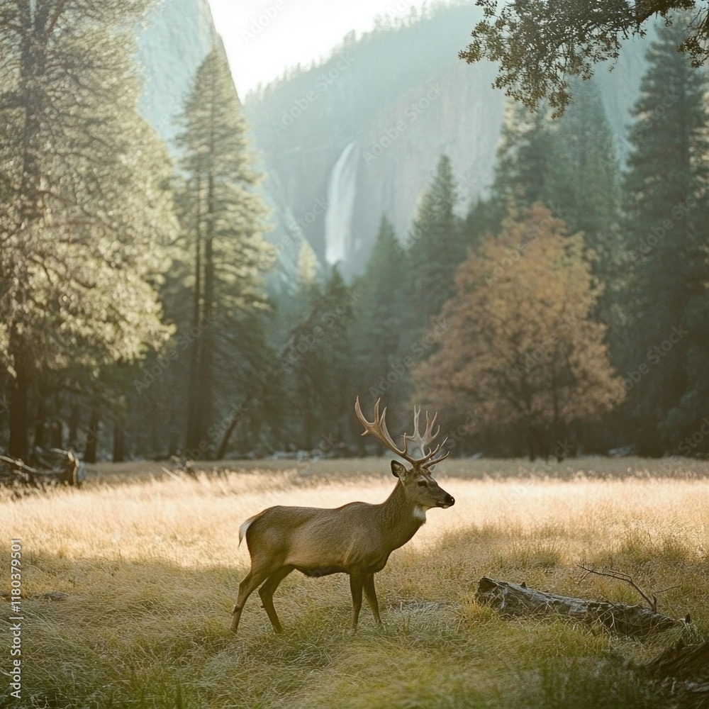 Poster a deer standing in a field with trees in the background, suitable for nature or wildlife-themed imag