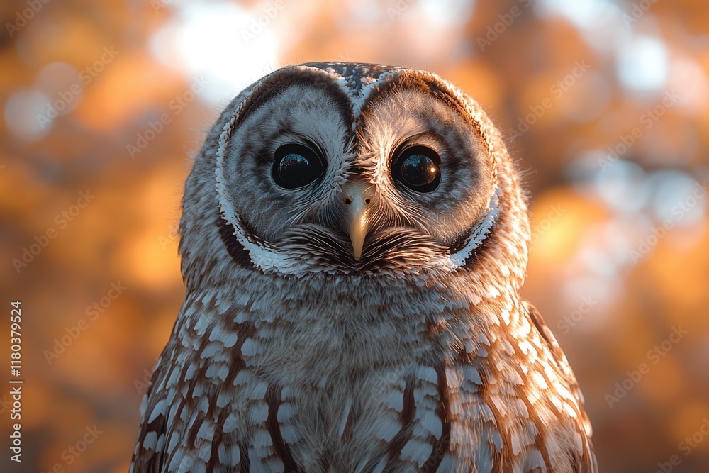 Poster a close-up shot of an owl's face with a blurred background