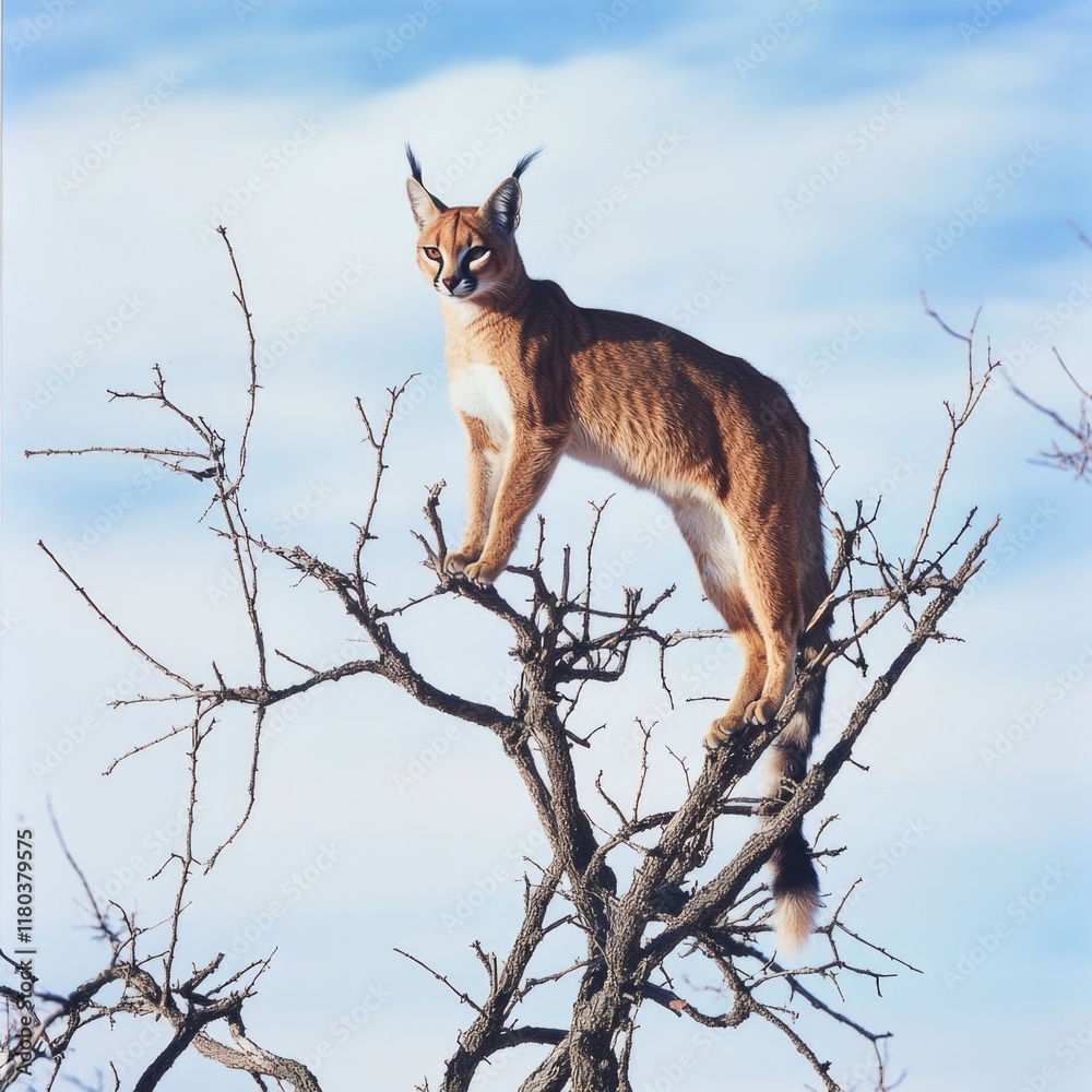 Poster a cat sitting high up on a tree branch, looking out over its surroundings