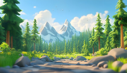 3D rendering of cartoon forest landscape with mountains