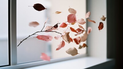 A whimsical gust sweeps colorful fall leaves inside through an open window, capturing the essence of autumn's lively spirit in a moment of motion.