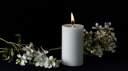 A simple yet elegant scene featuring a white candle surrounded by a bouquet of fresh flowers