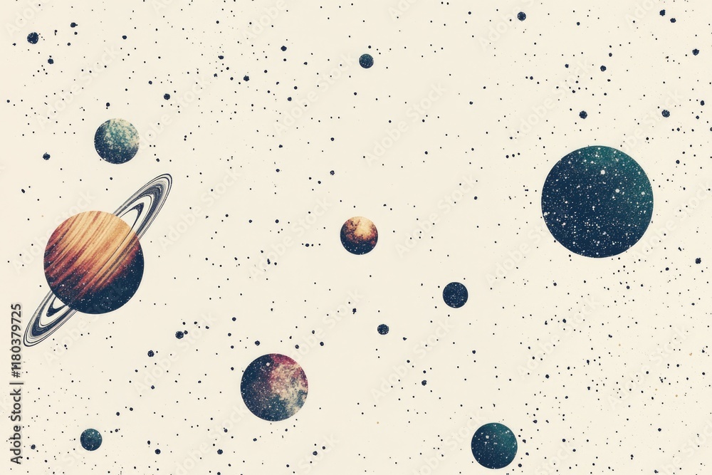 Poster a group of planets with rings visible in the night sky, suitable for astronomy or space-themed proje