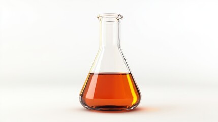 Lab flask filled with oil on white background