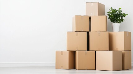 Obraz premium Stacked Cardboard Boxes with Potted Plant in Bright Minimalist Space for Moving or Storage Projects