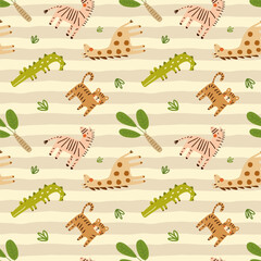 Cute hand drawn african baby animals on a beige neutral with stripes background, kids seamless pattern with zebra, crocodile, giraffe, lion, tiger.