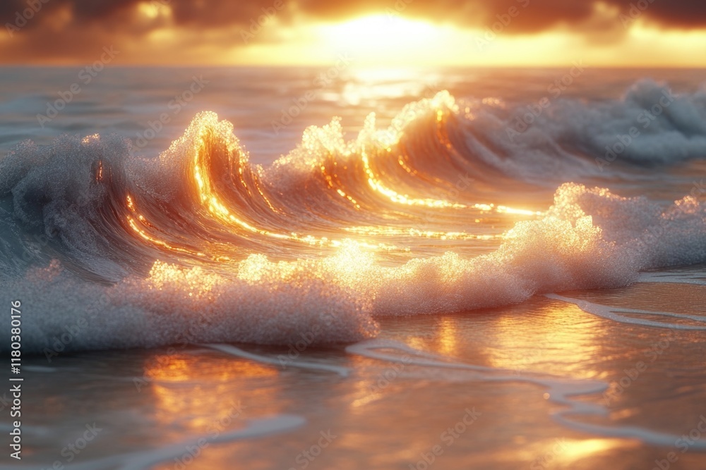 Poster a serene beach scene with the sun setting over the waves
