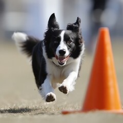 A black and white dog runs around a cone in a training exercise