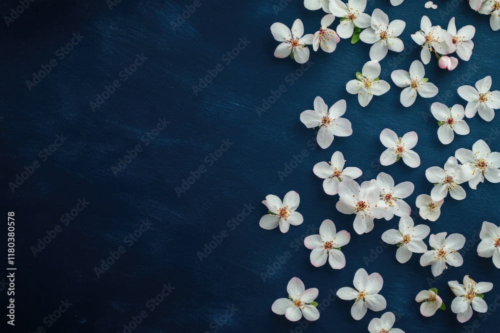 Poster a close-up shot of white flowers on a blue surface, perfect for adding a touch of elegance to any de