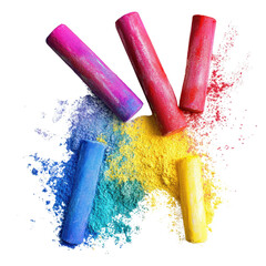Colorful chalk pieces scattered on black background, creating vibrant artistic display. bright hues of pink, red, blue, yellow, and orange evoke creativity and playfulness