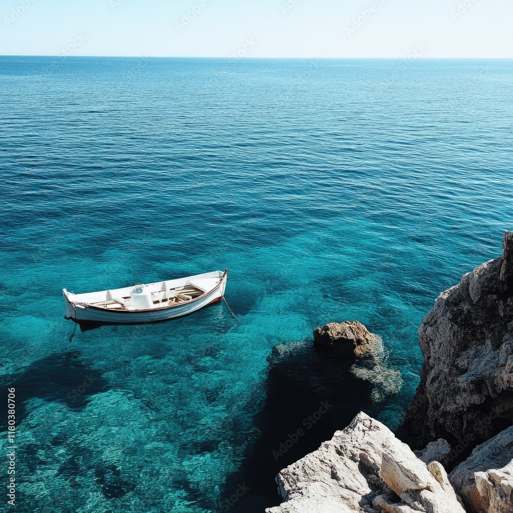 Poster a small boat is floating in the middle of a calm body of water