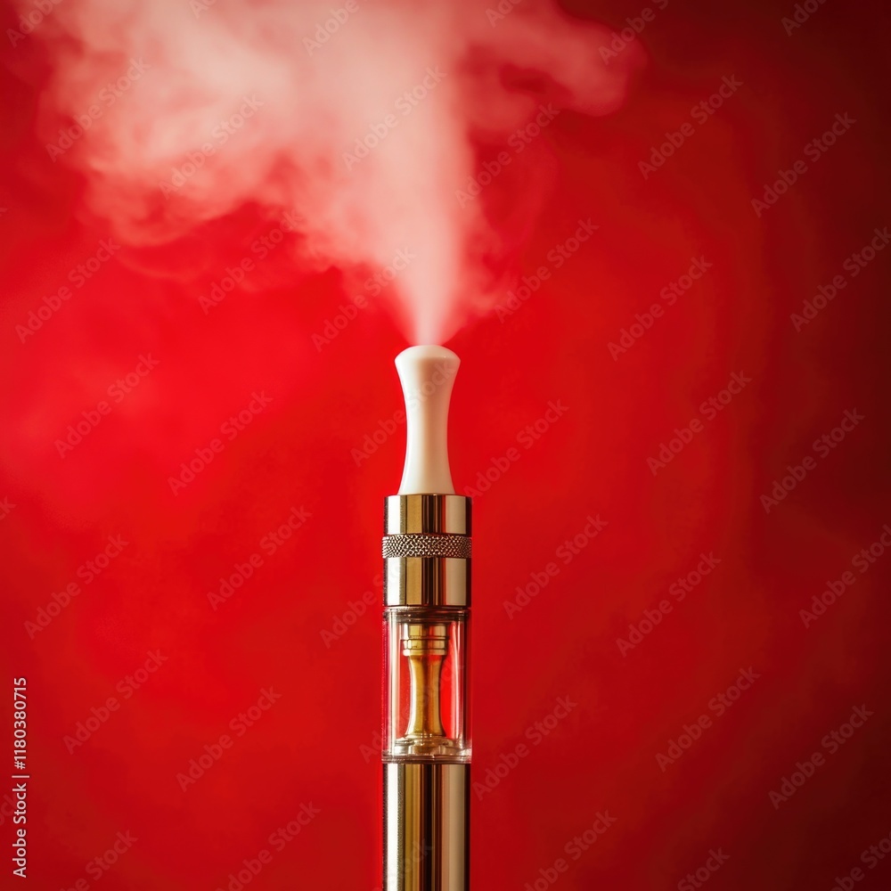 Poster close-up shot of a vapor-filled device on a red background
