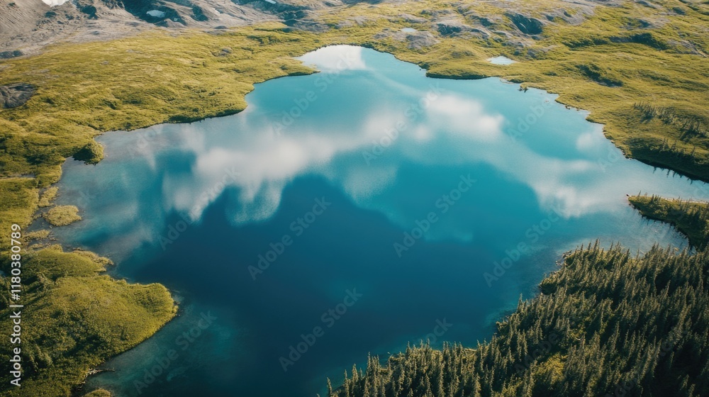 Poster aerial view of a serene lake with trees surrounding it, suitable for nature-inspired designs and bac