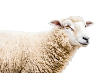 A close-up shot of a sheep's face on a white background