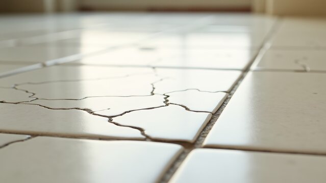 Ceramic tile with deep, jagged cracks, forming irregular, sharp patterns that disrupt the surface, revealing the underlying material.