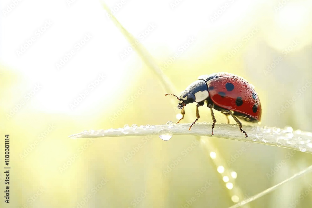 Poster a ladybug sits atop a single blade of grass, showcasing its tiny size and vibrant colors