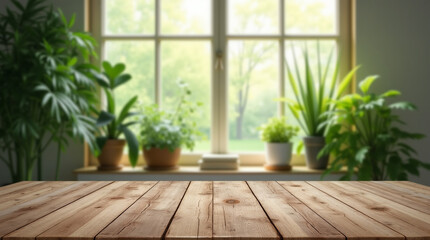 Nature indoor background with wooden table in the foreground and a window showing various plants in the background