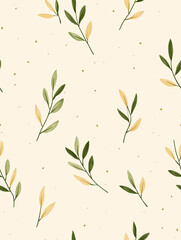 Simple and cute style, beige background, small green leaves, light yellow fur color, simple children's design