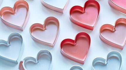 A set of heart-shaped cookie cutters arranged neatly on white