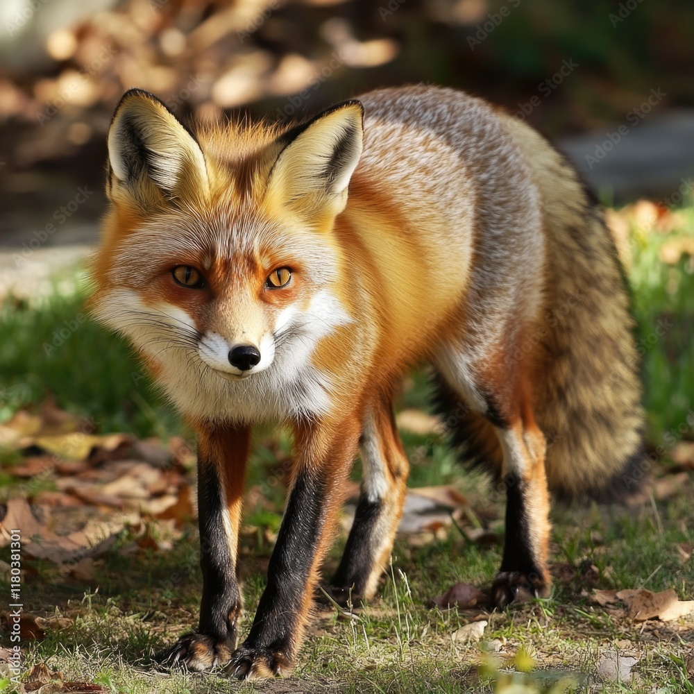 Poster a close-up view of a fox's face surrounded by grass, providing a unique perspective on this wild ani