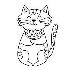 Cute cat holding a bouquet of flowers in black and white. Happy feline character isolated element in outline. Great for coloring page, prints and cards. Vector illustration
