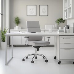 A modern office workspace featuring a sleek desk and ergonomic chair, designed for productivity and comfort.