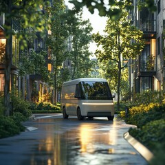 Fototapeta premium A modern delivery van navigates through a lush urban environment, showcasing sustainable transport in a vibrant city setting.