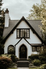 Nestled in a tranquil neighborhood teeming with lush greenery, this delightful Tudor-style house stands gracefully, even on a cloudy day