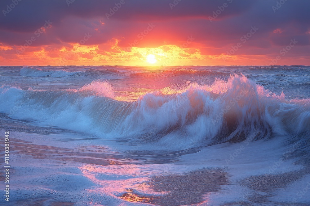 Poster a serene scene of the sun setting behind the ocean waves, with warm hues and soft light