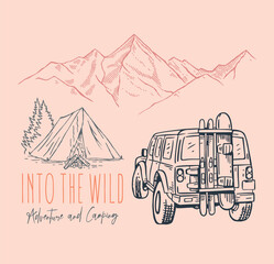 Freehand illustration of a camping scene. Art for t-shirt prints, decoration, etc.