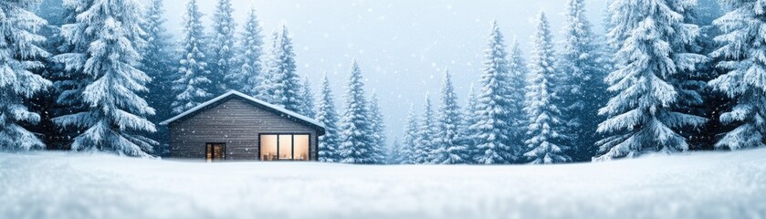 Naklejka premium A peaceful winter scene with a cozy cabin surrounded by snow-covered trees, evoking tranquility and warmth during the cold season.