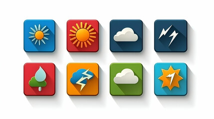 Colorful weather icons in square, flat design, with drop shadows, set on a white background.