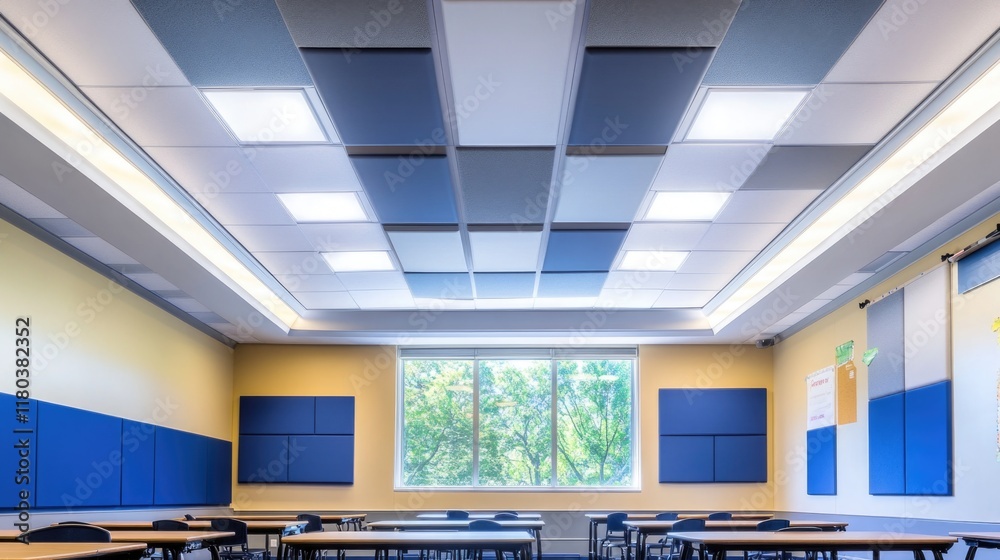 Poster a typical school classroom with tables, chairs, and a large window