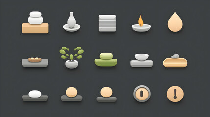 Minimalist zen icons set, various objects on dark background.