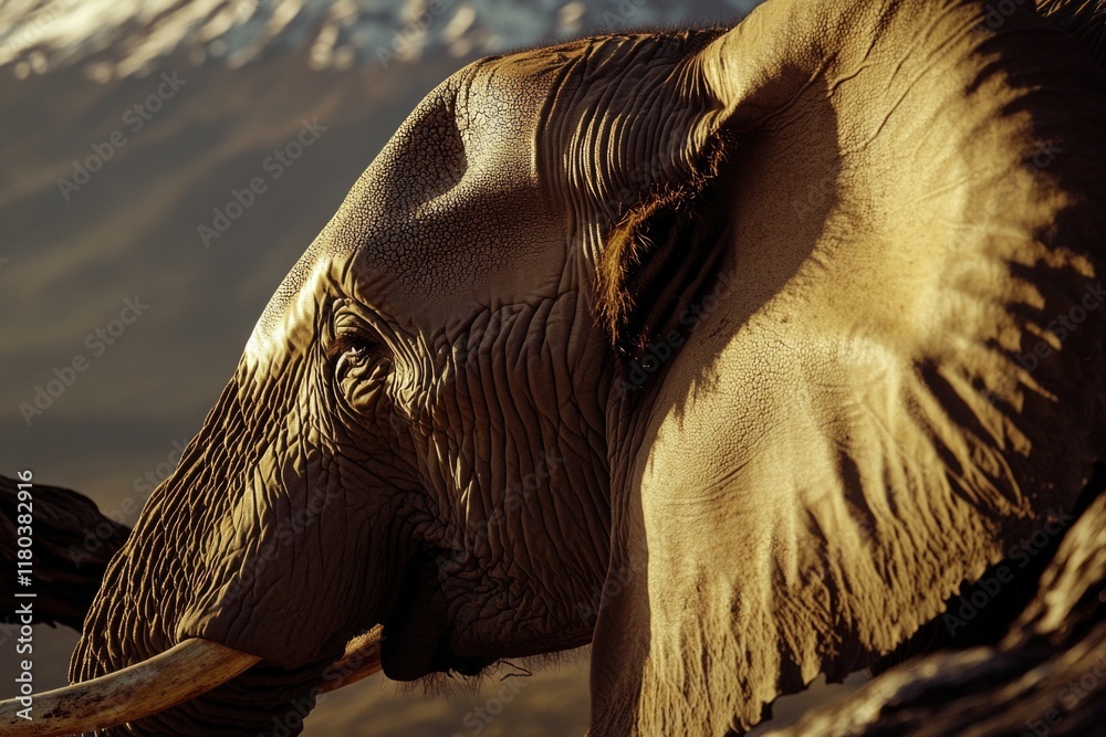Poster close-up of an elephant's face set against a vast mountain range