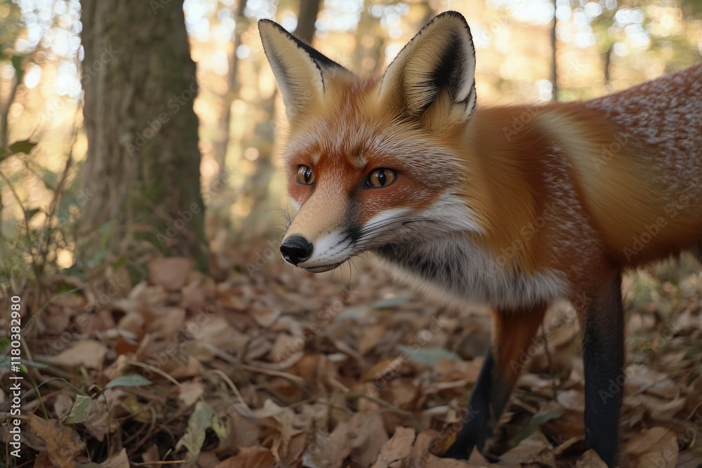 Poster a close-up view of a fox in its natural habitat, surrounded by trees and foliage