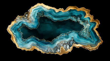 Fototapeta premium Watercolor turquoise and gold geode on black background, abstract mineral illustration for jewelry or home decor. Crystalpath. Illustration