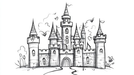 Obraz premium A simple line drawing of a fairytale castle with a path leading up to it.