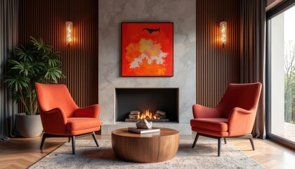 Modern art deco interior japandi living room with a fireplace, two orange armchairs, and a wooden coffee table.