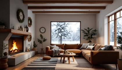 Cozy japandi living room with a fireplace, large windows, and a comfortable couch.