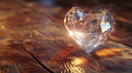 A shiny heart-shaped crystal on a wooden table