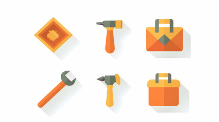 Flat design icons of carpentry tools, toolbox, hammer, wrench.