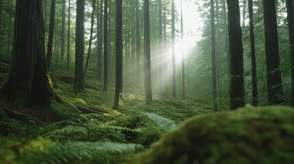 Fototapeta premium Sunbeams pierce through towering, dense forest trees, casting ethereal light and shadows on the lush green underbrush below, in a tranquil woodland sanctuary.