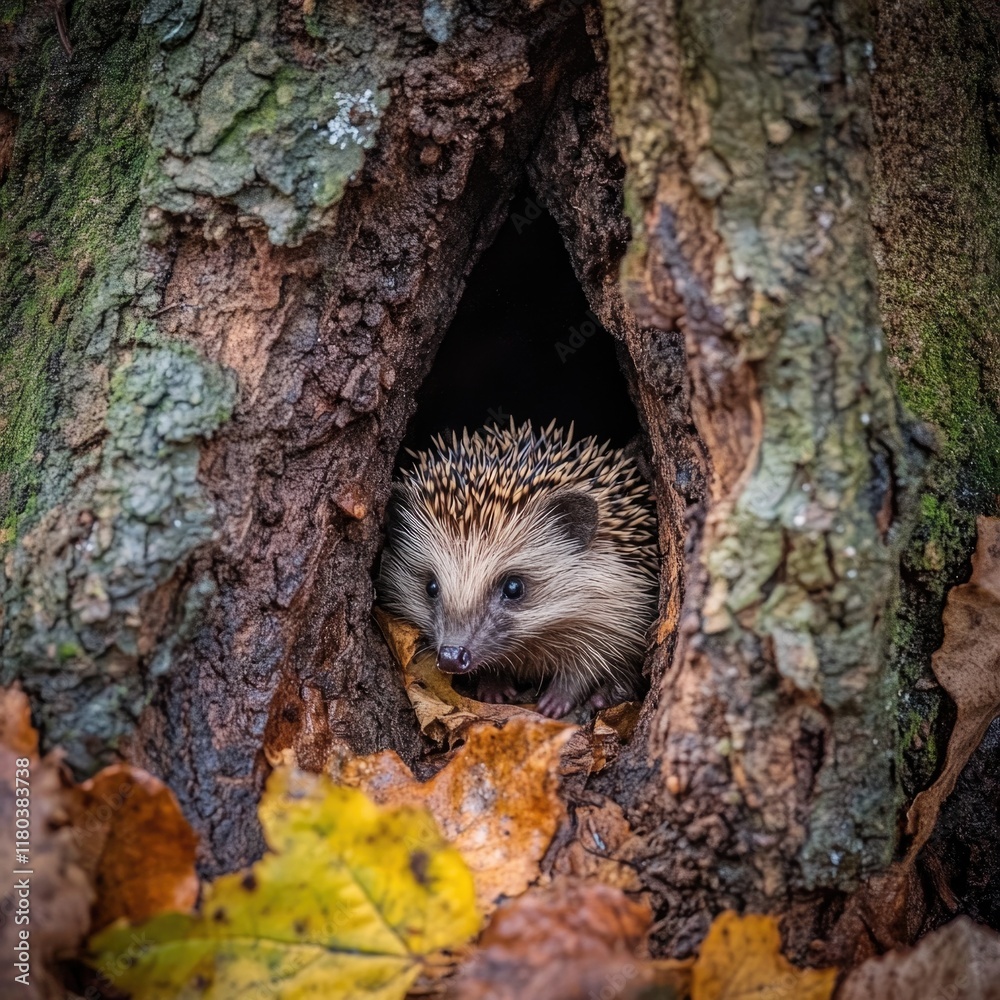 Poster a small hedge pokes out of a hole in a tree trunk