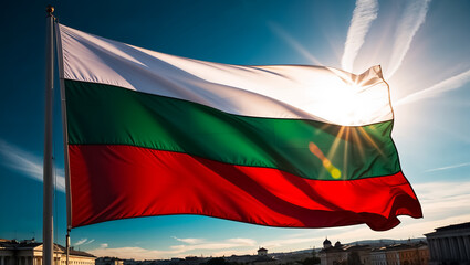 Bulgarian flag close up fluttering, sunny day, city