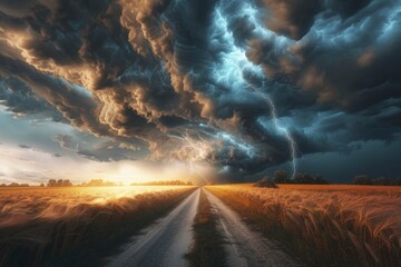 Dramatic thunderstorm over wheat field with striking lightning and dark clouds
