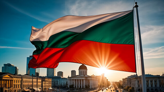 Bulgarian flag close up fluttering, sunny day, city - Powered by Adobe