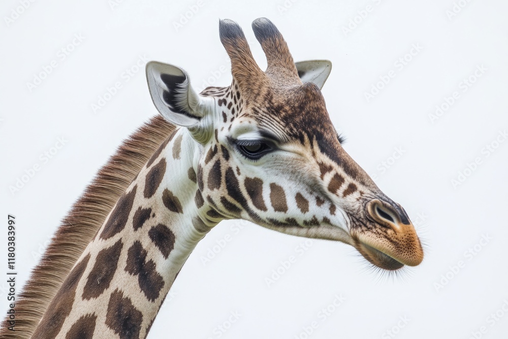Poster a close-up view of a giraffe's head and neck, showing unique features